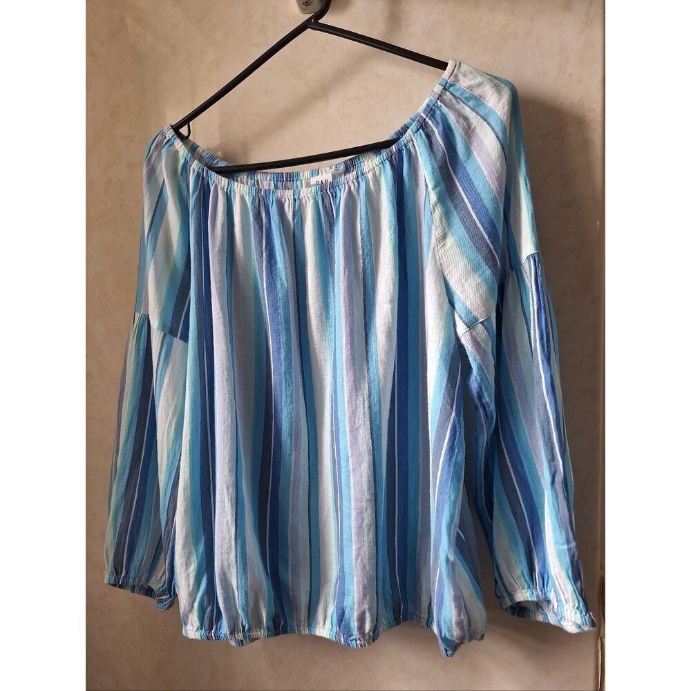 Gap L Soft Gauzy Coton Blues Striped Peasant Top Nautical